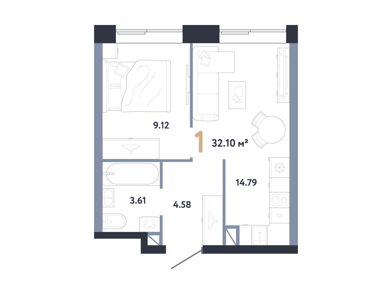 Планировка: 1-комн. квартира 32.10 м² в новостройке ЖК Репаблик