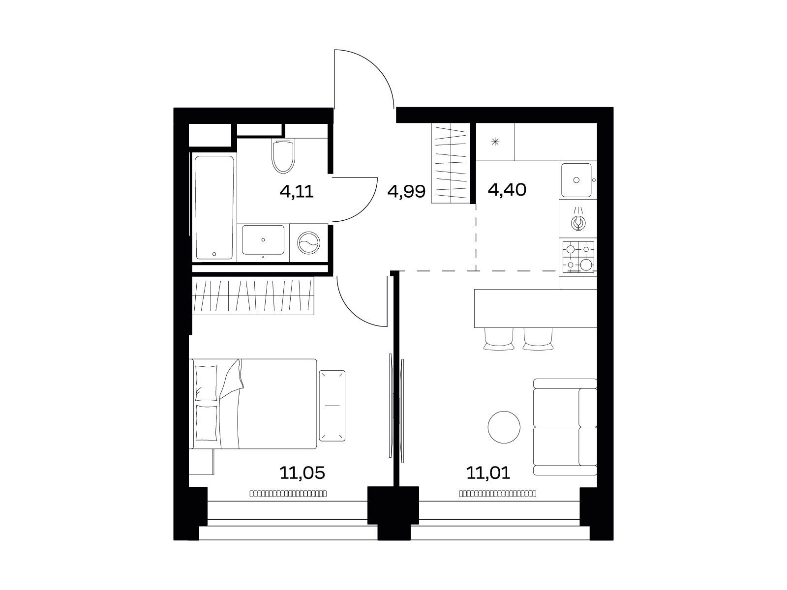 Планировка: 1-комн. квартира 35.56 м² в новостройке Нова