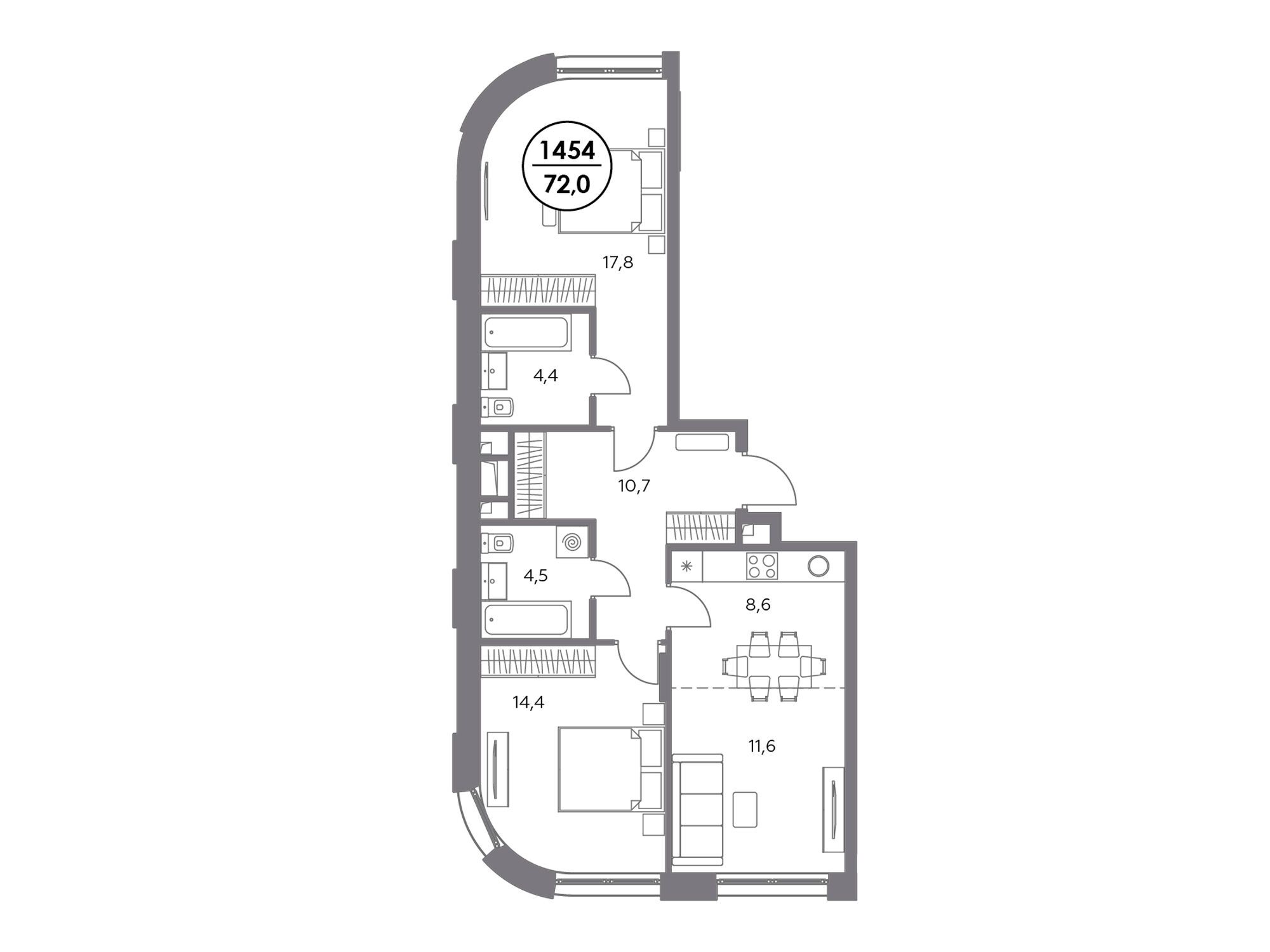 Планировка: 3-комн. квартира 72.00 м² в новостройке Адмирал