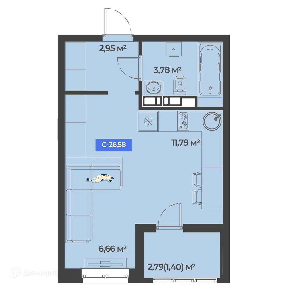 Планировка: Студия 26.58 м² в новостройке Соловей