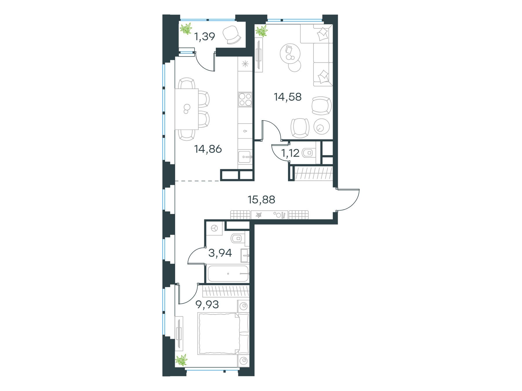 Планировка: 2-комн. квартира 61.40 м² в новостройке Левел Лесной