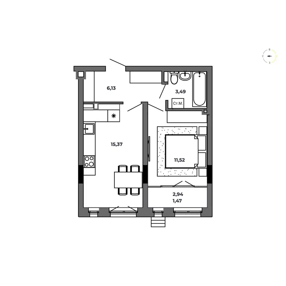 Планировка: 1-комн. квартира 37.98 м² в новостройке Красный Пахарь
