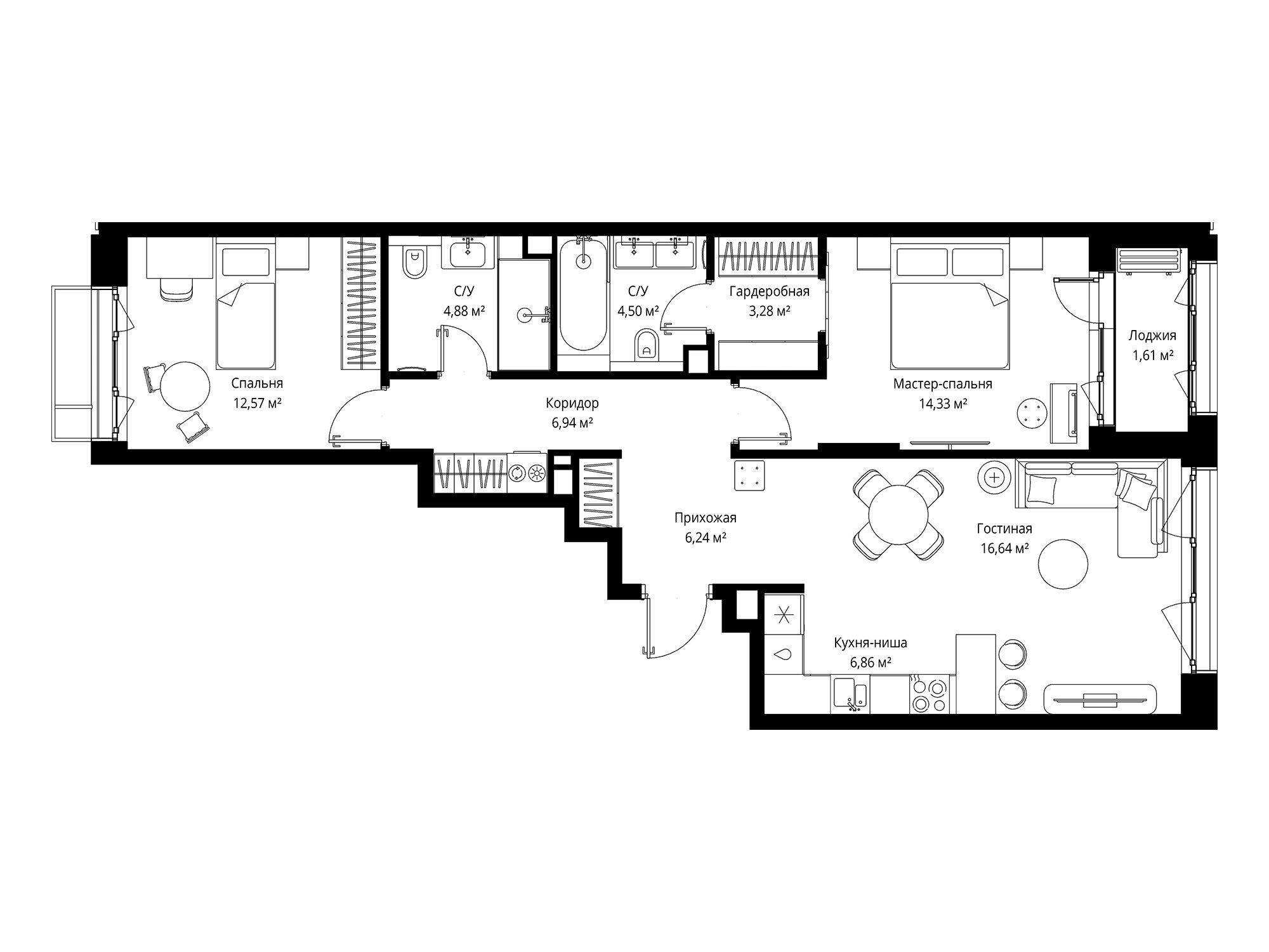 Планировка: 2-комн. квартира 77.85 м² в новостройке Мыс