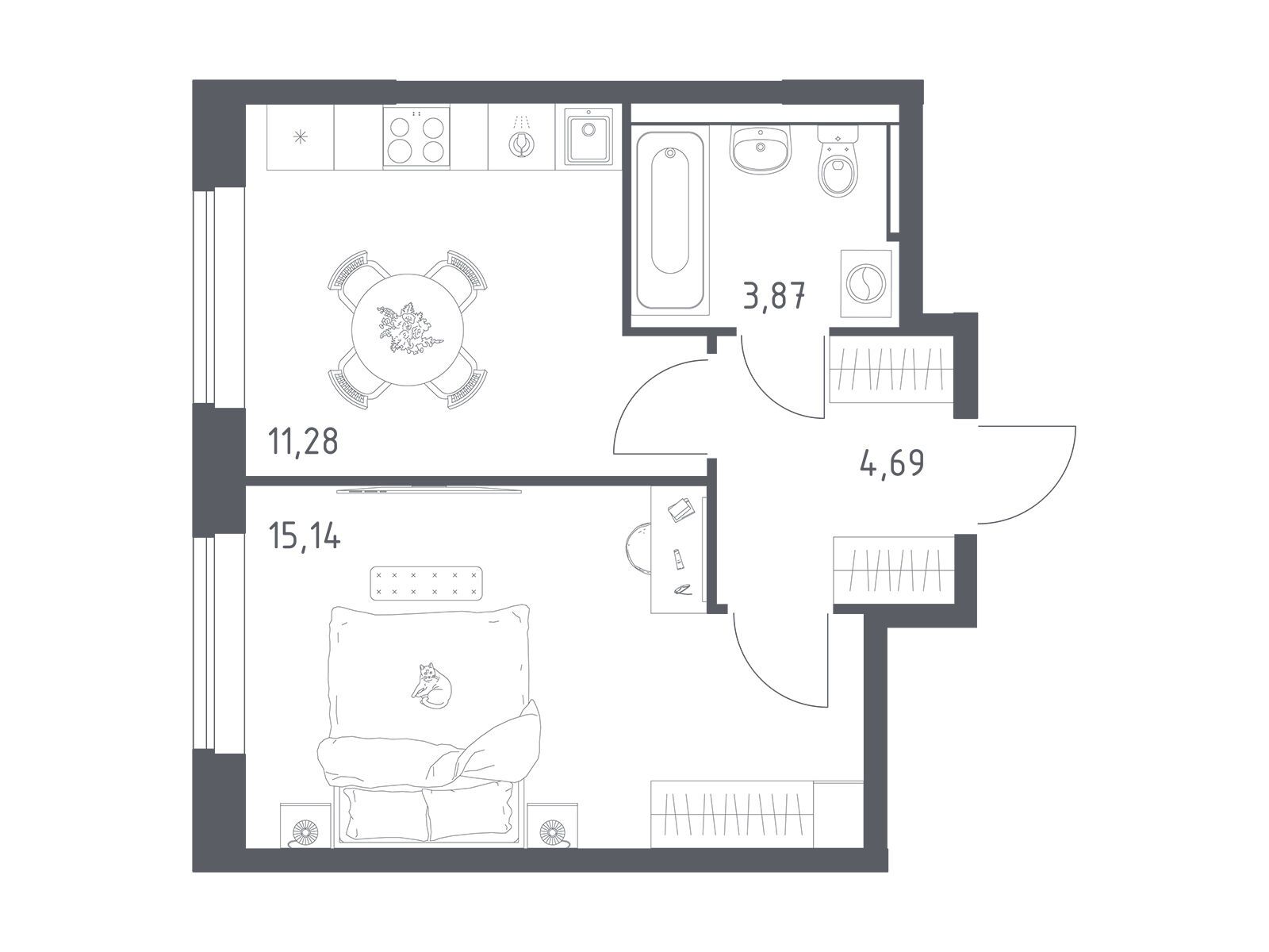 Планировка: 1-комн. квартира 34.50 м² в новостройке Пригород Лесное