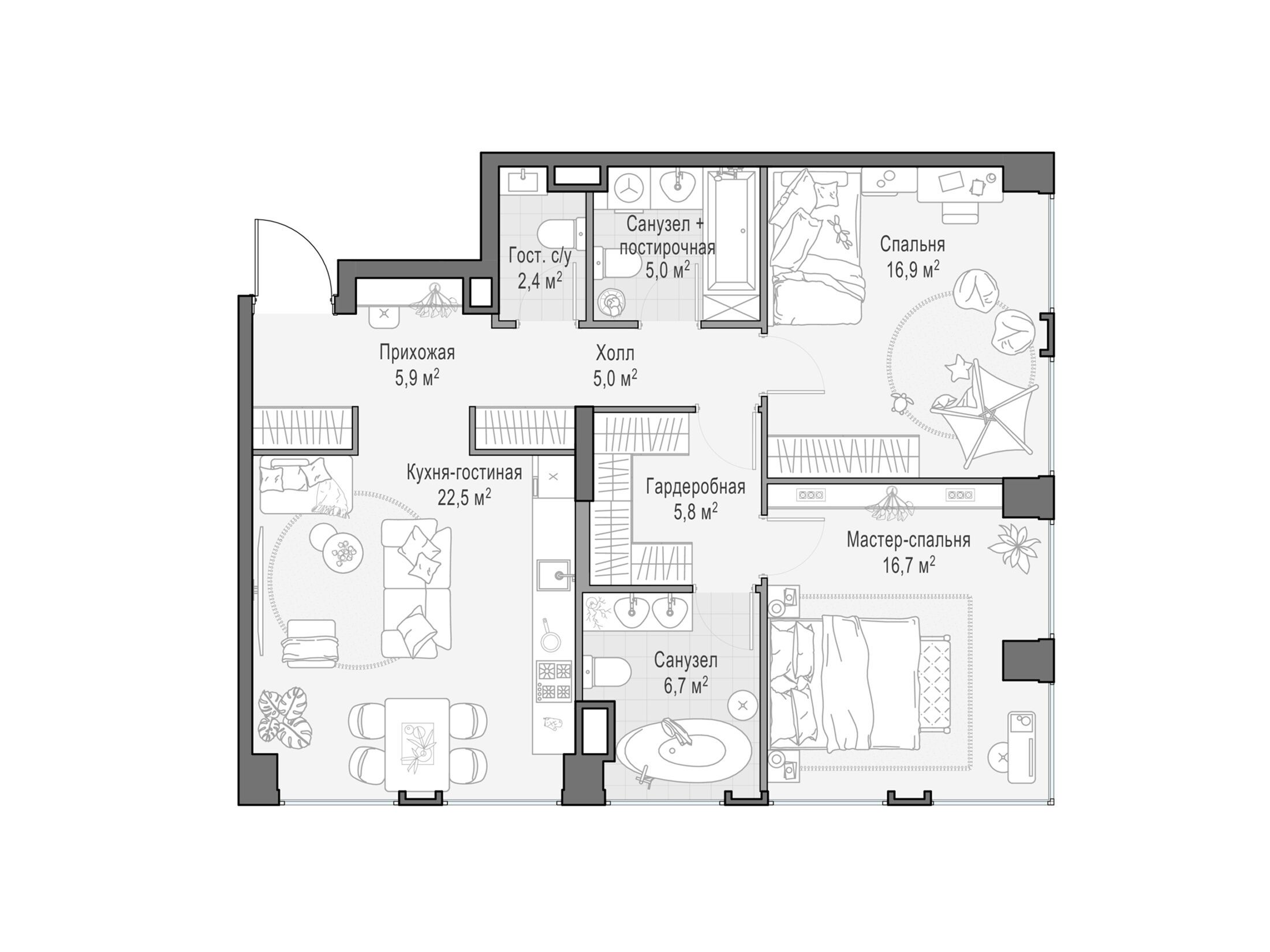 Планировка: 2-комн. квартира 86.90 м² в новостройке Лайф тайм