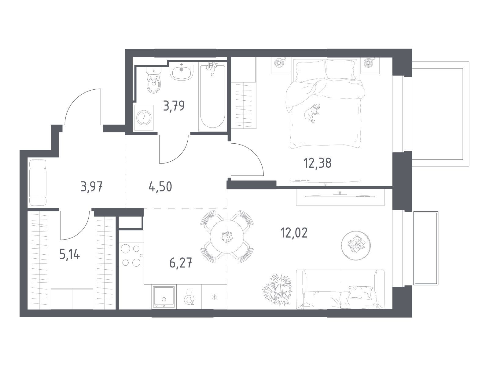 Планировка: 1-комн. квартира 48.07 м² в новостройке Долина Яузы