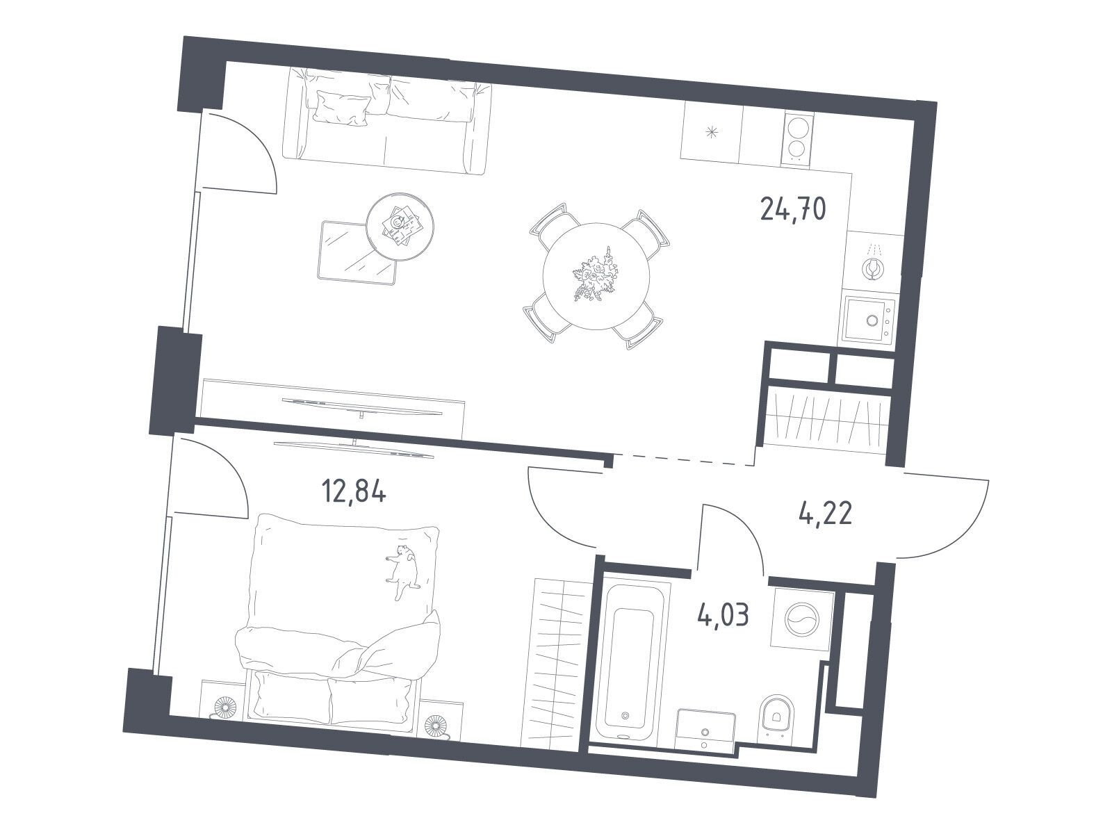 Планировка: 1-комн. квартира 45.79 м² в новостройке Квартал на воде