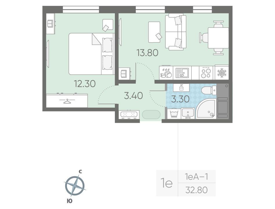 Планировка: 1-комн. квартира 32.80 м² в новостройке Ржевский парк