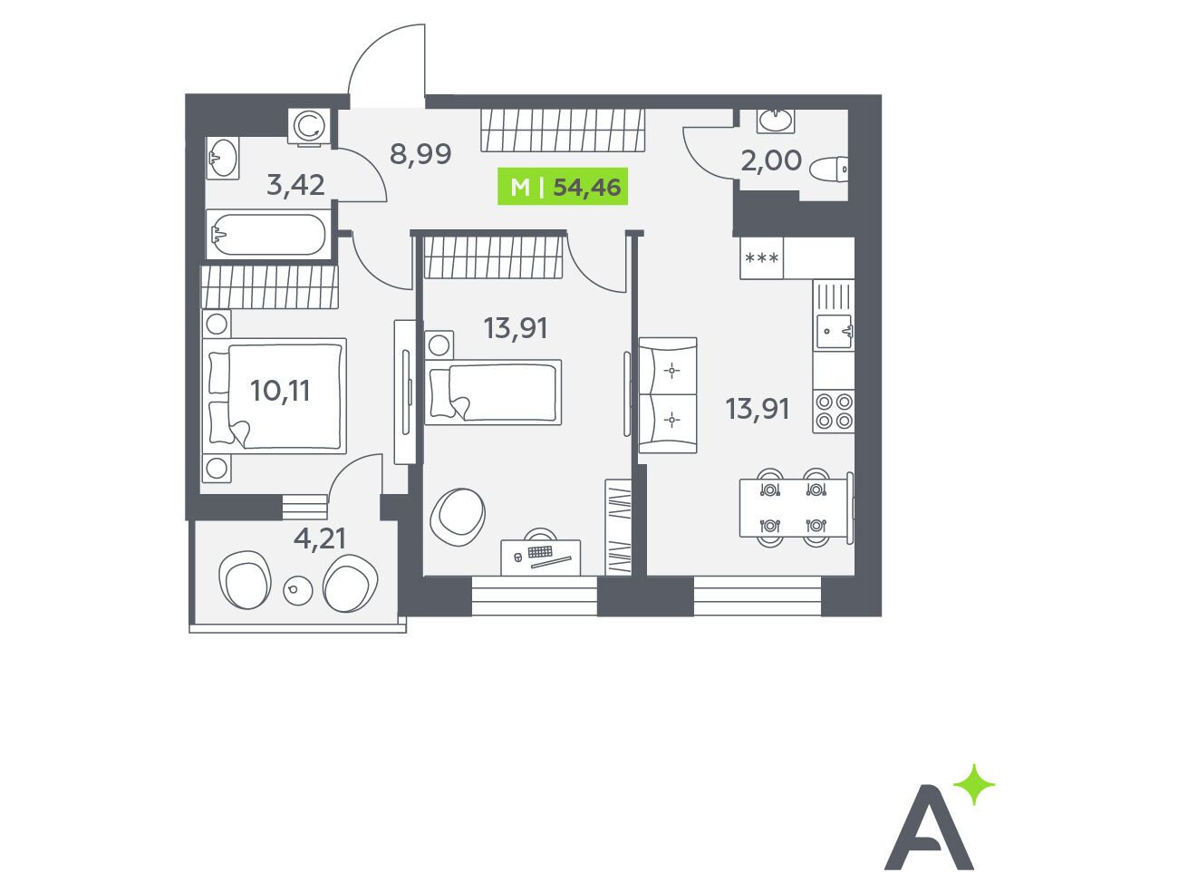 Планировка: 3-комн. квартира 54.46 м² в новостройке Аквилон Верба