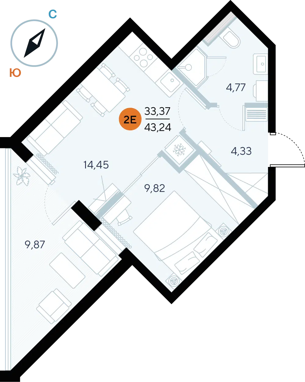 Планировка: Студия 43.24 м² в новостройке ЖК Альба дель Маре