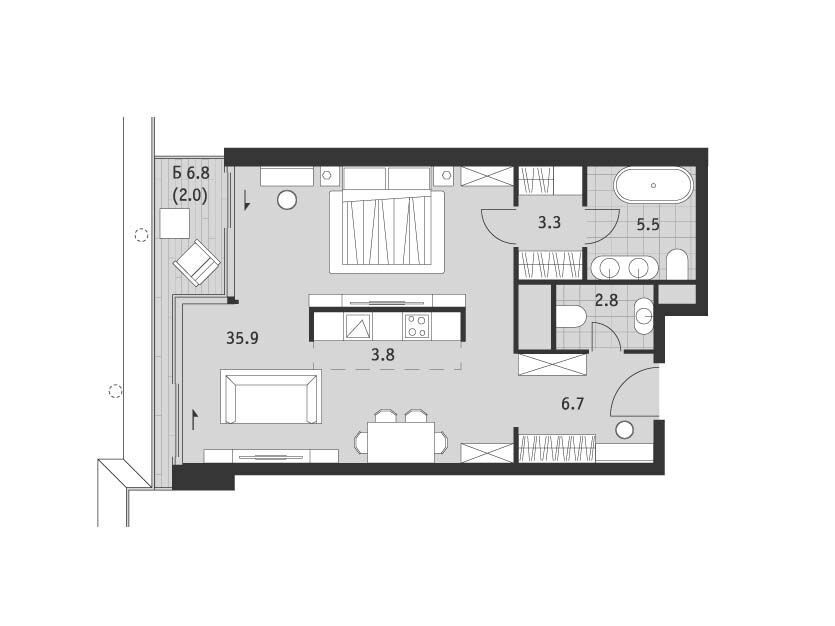 Планировка: 1-комн. квартира 60.00 м² в новостройке ЖК Бадаевский