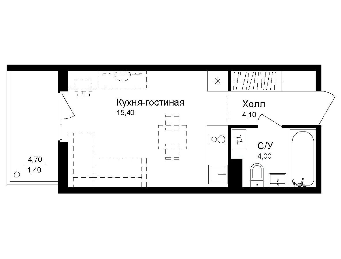 Планировка: Студия 24.90 м² в новостройке Новая Дубровка