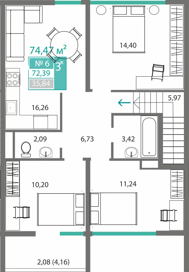 Планировка: 3-комн. квартира 72.39 м² в новостройке Горизонты