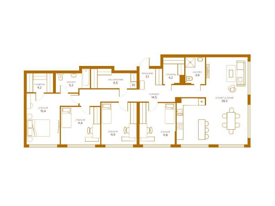 Планировка: 4-комн. квартира 129.80 м² в новостройке Шампайн