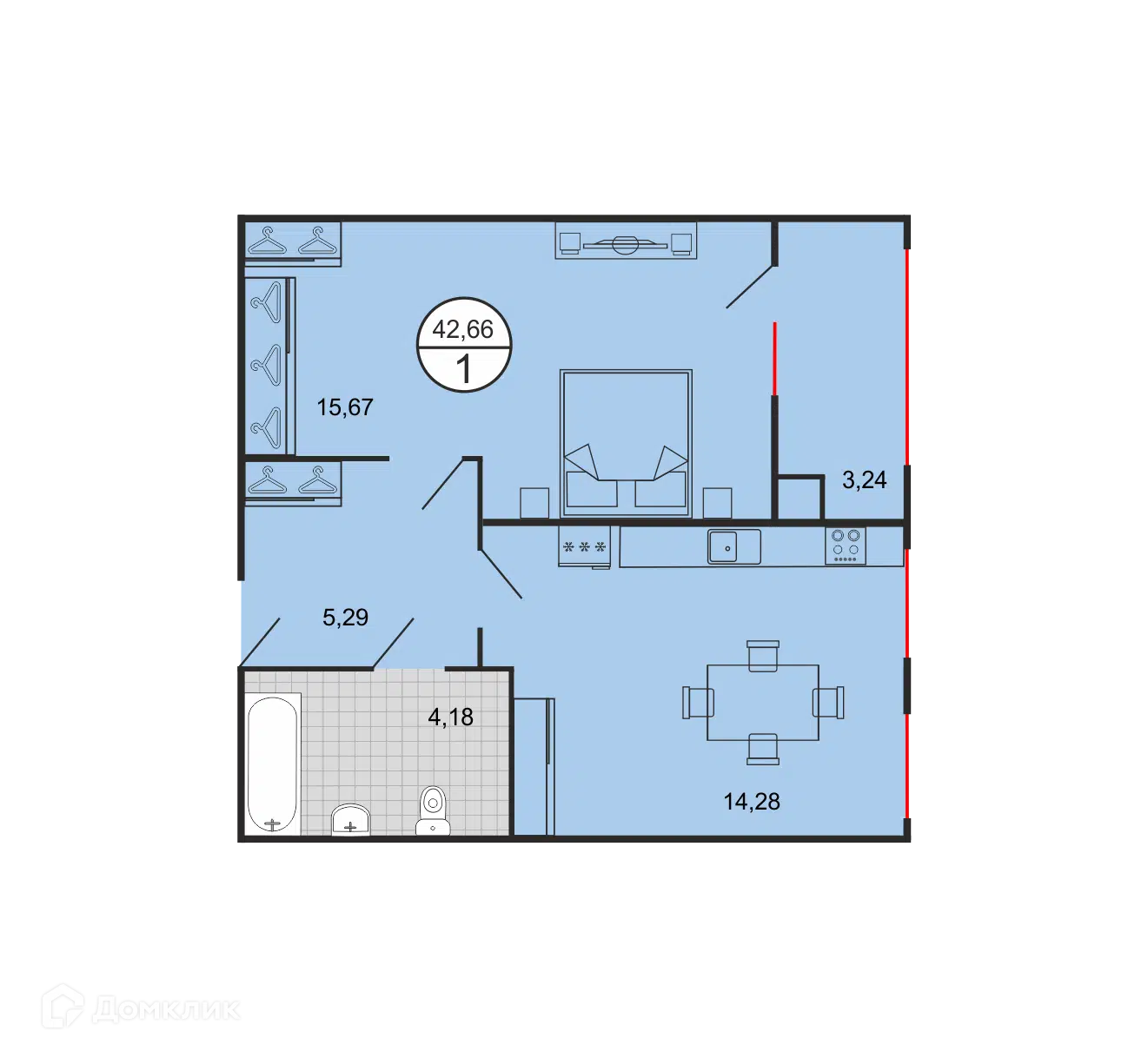Планировка: 1-комн. квартира 42.66 м² в новостройке Дыхание