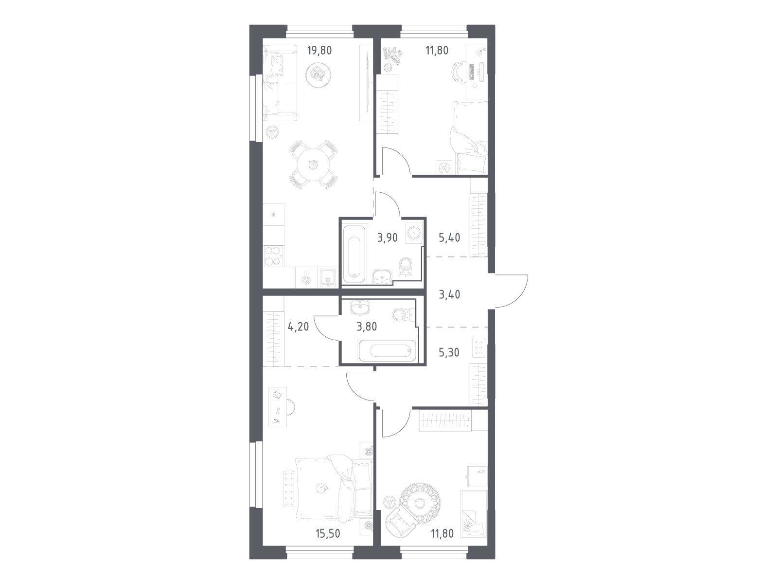 Планировка: 3-комн. квартира 84.90 м² в новостройке Химки парк