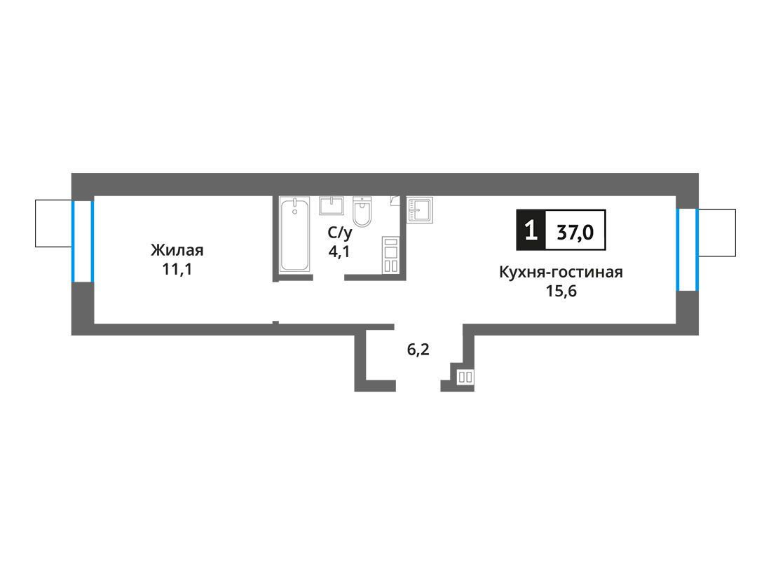 Планировка: 1-комн. квартира 37.00 м² в новостройке Никольский квартал Отрада