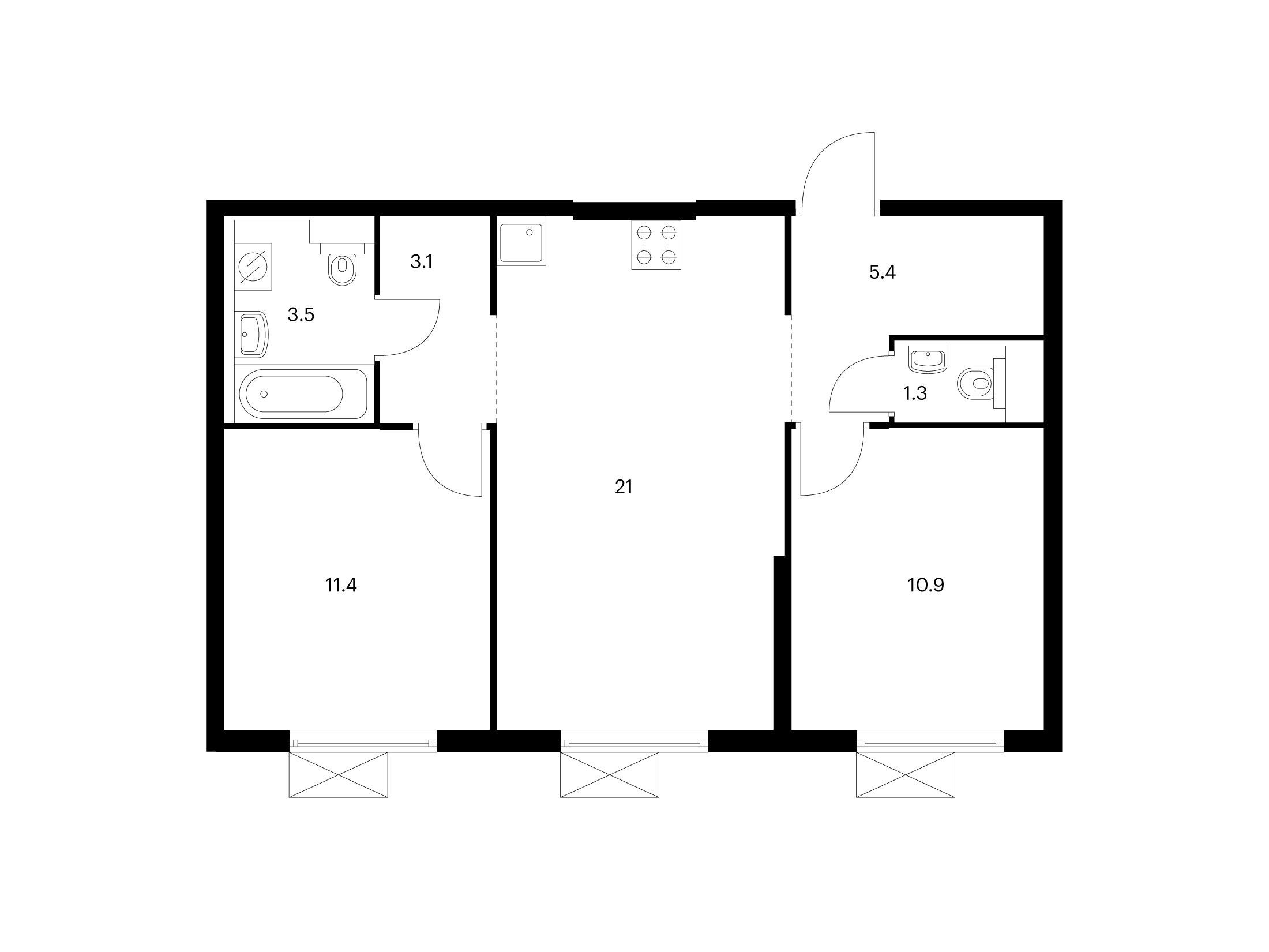 Планировка: 2-комн. квартира 56.60 м² в новостройке Люблинский парк