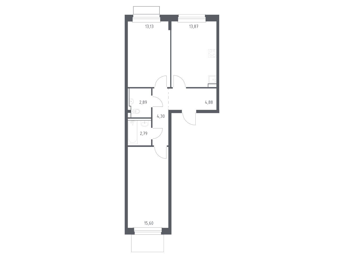 Планировка: 2-комн. квартира 57.46 м² в новостройке Новое Внуково