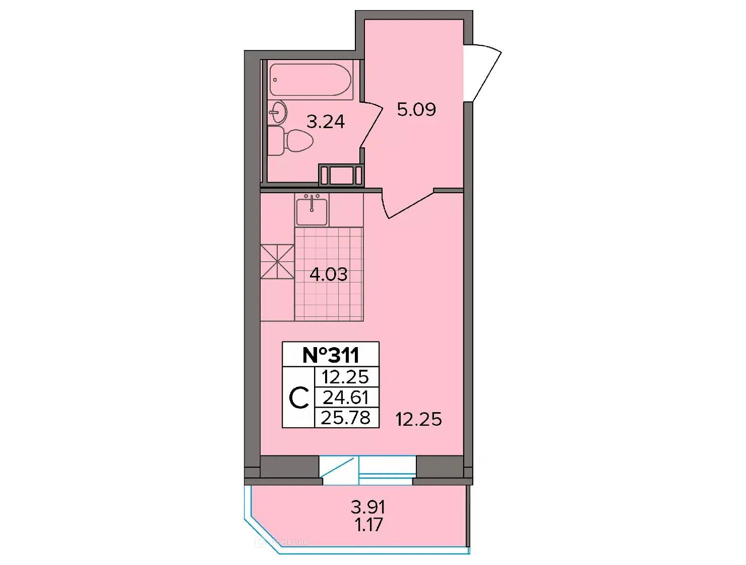 Планировка: Студия 25.60 м² в новостройке Капральский