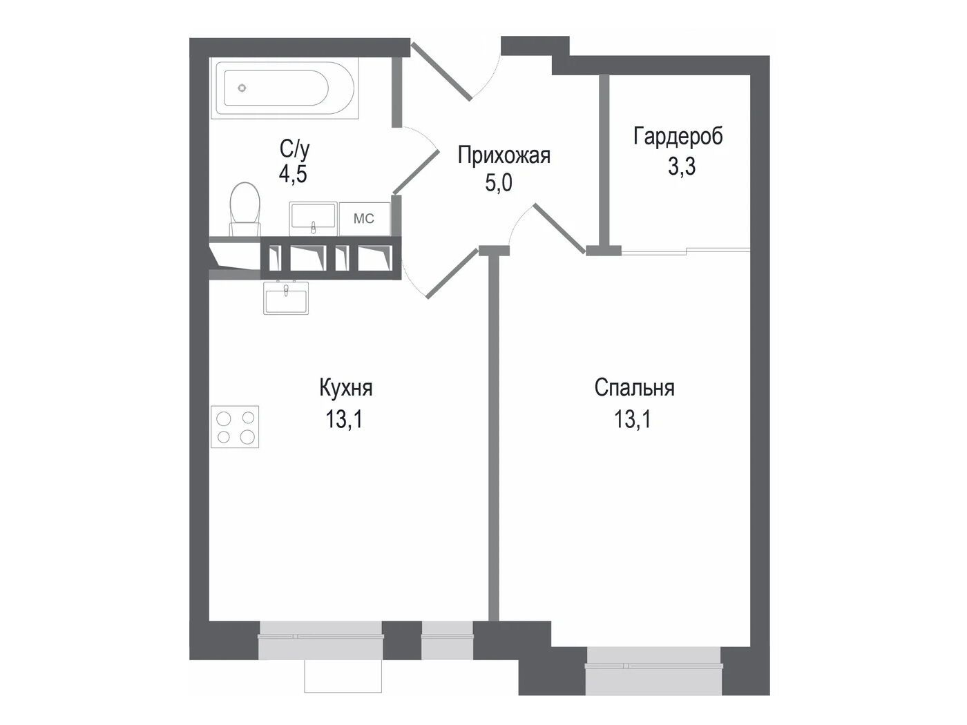 Планировка: 1-комн. квартира 39.00 м² в новостройке Киноквартал