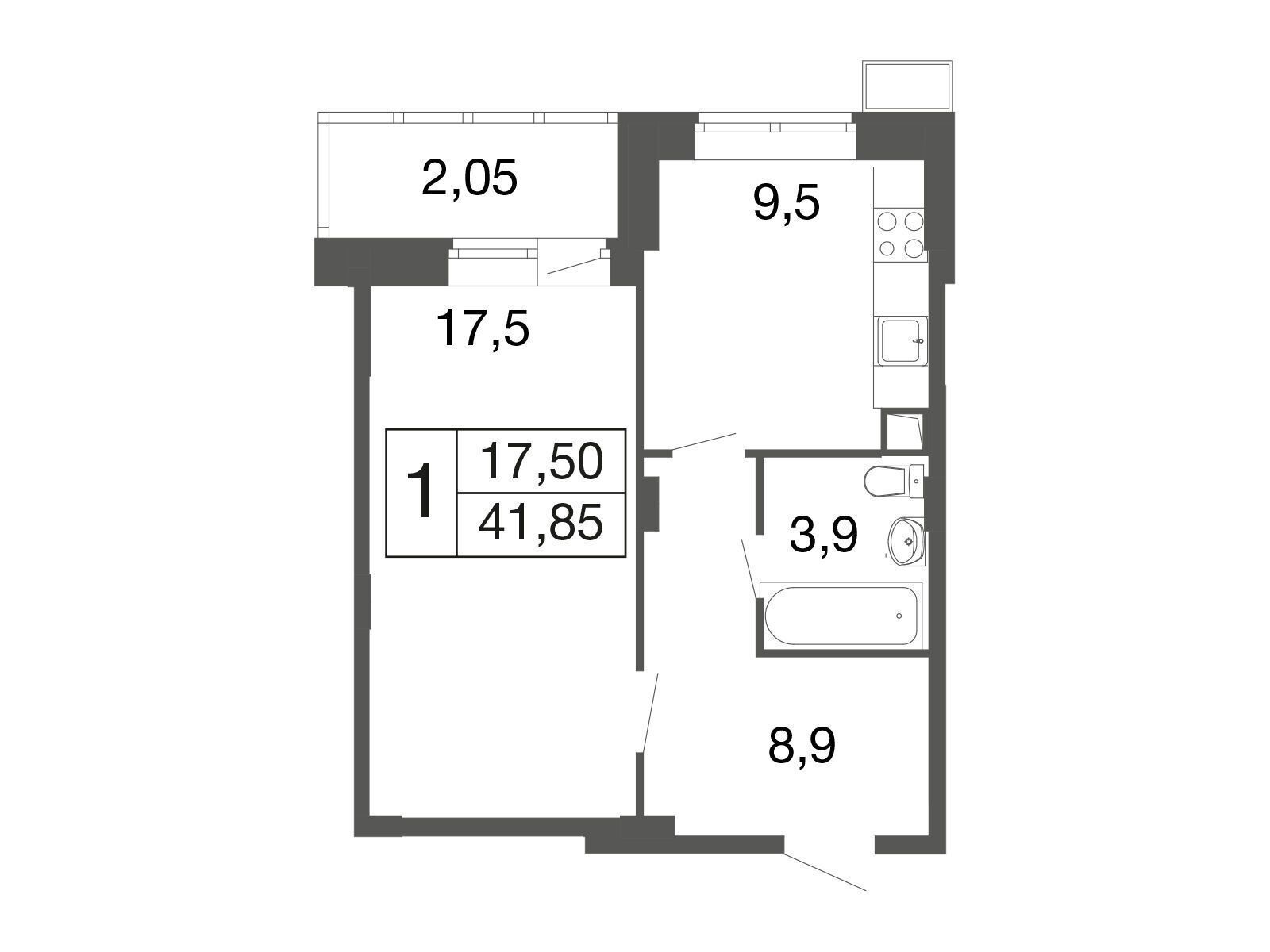 Планировка: 1-комн. квартира 39.70 м² в новостройке Времена года