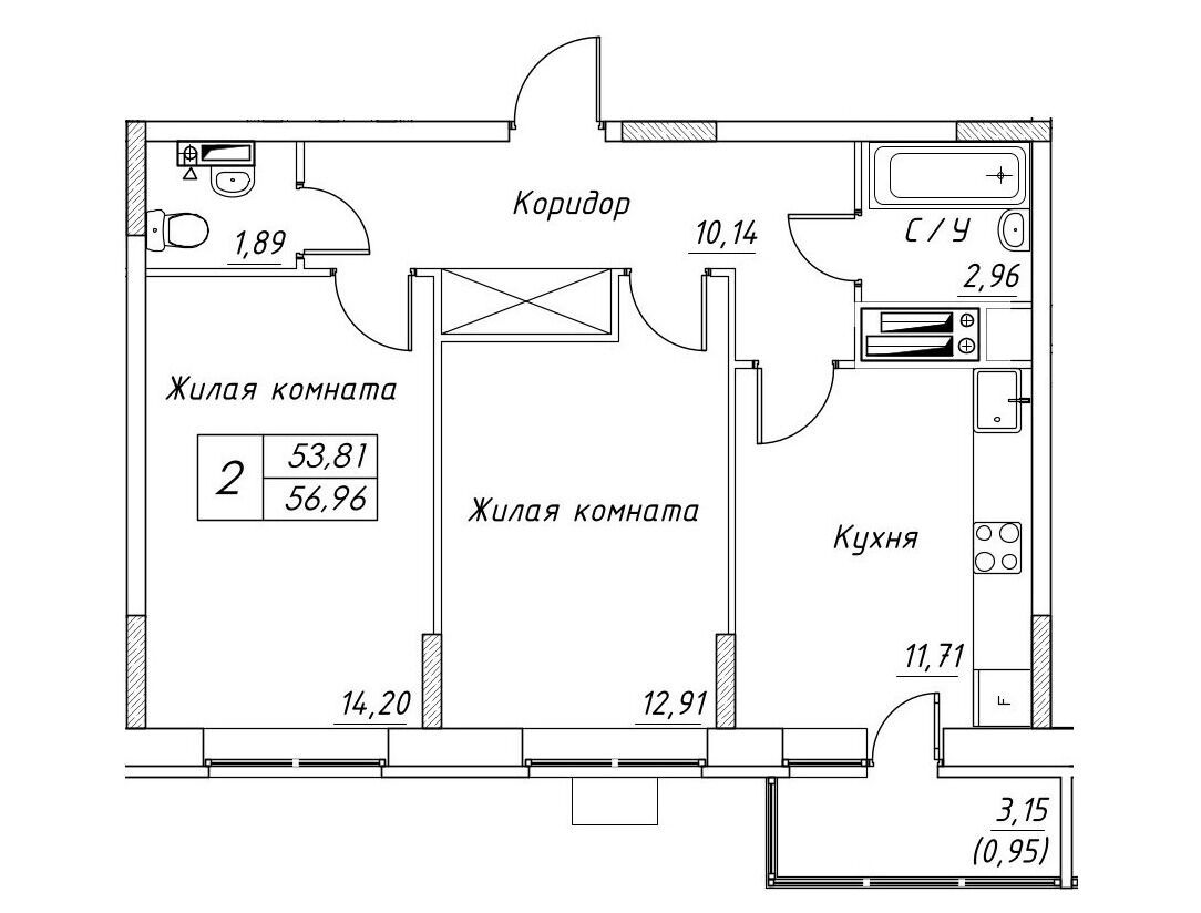 Планировка: 2-комн. квартира 56.90 м² в новостройке Большевик (Дмитров)