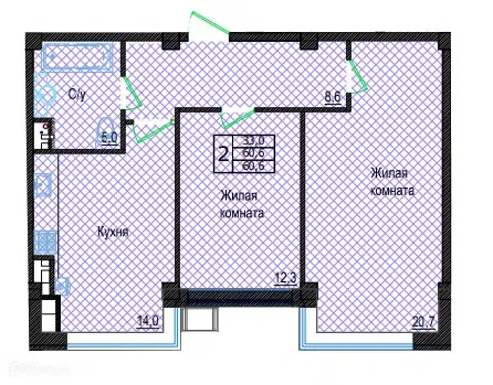Планировка: 2-комн. квартира 60.60 м² в новостройке Резиденция