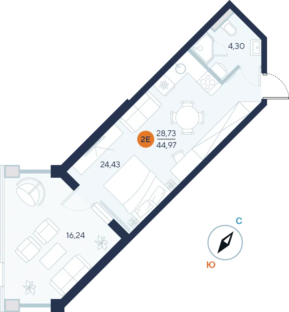 Планировка: Студия 44.97 м² в новостройке Альба дель Маре