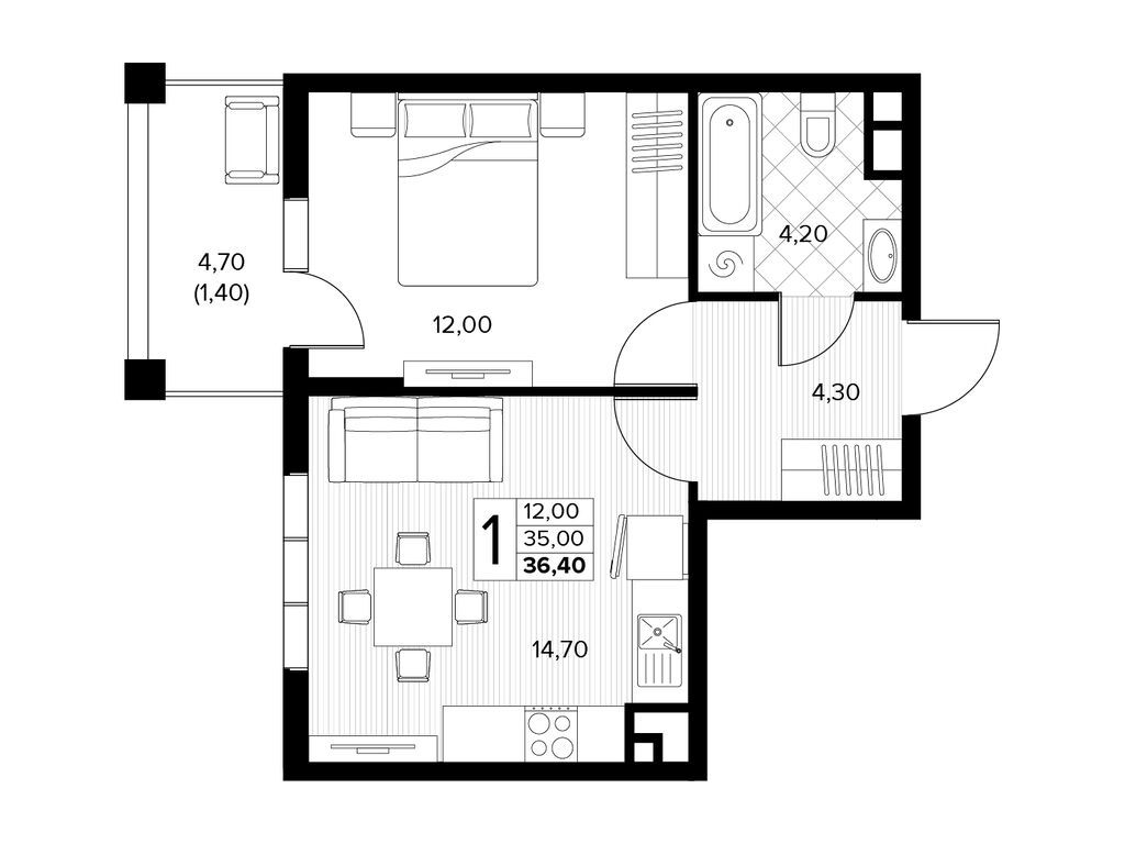Планировка: 1-комн. квартира 36.40 м² в новостройке ЖК Кипарис