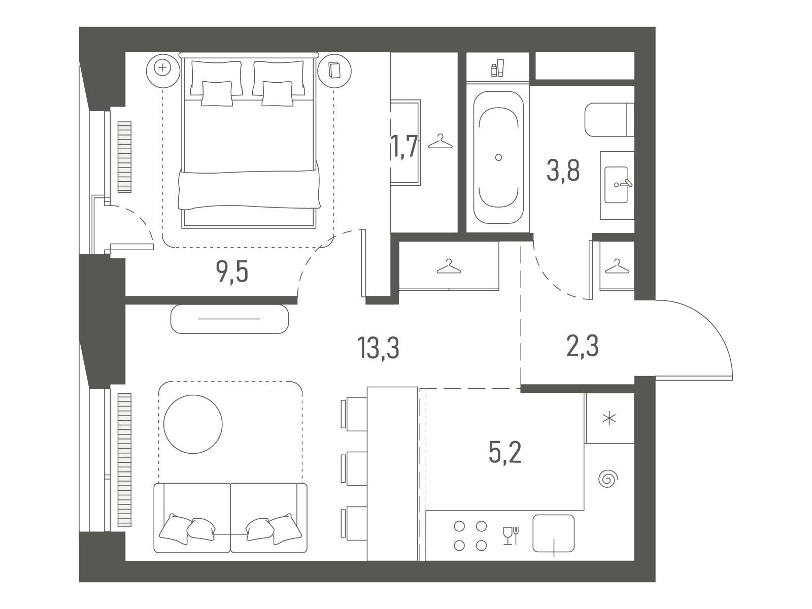 Планировка: 1-комн. квартира 35.80 м² в новостройке Среда на Лобачевского
