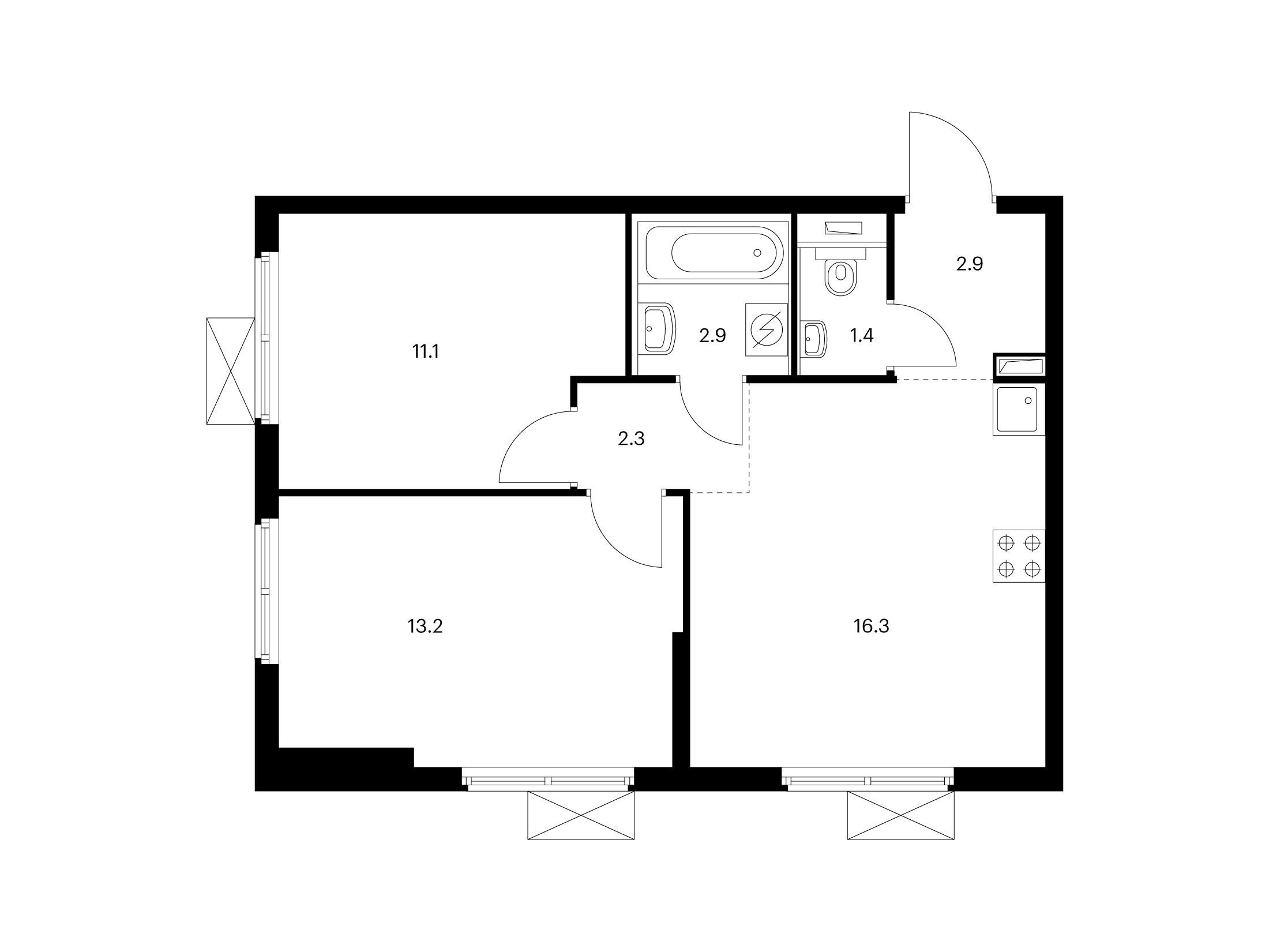 Планировка: 2-комн. квартира 50.10 м² в новостройке Юнино