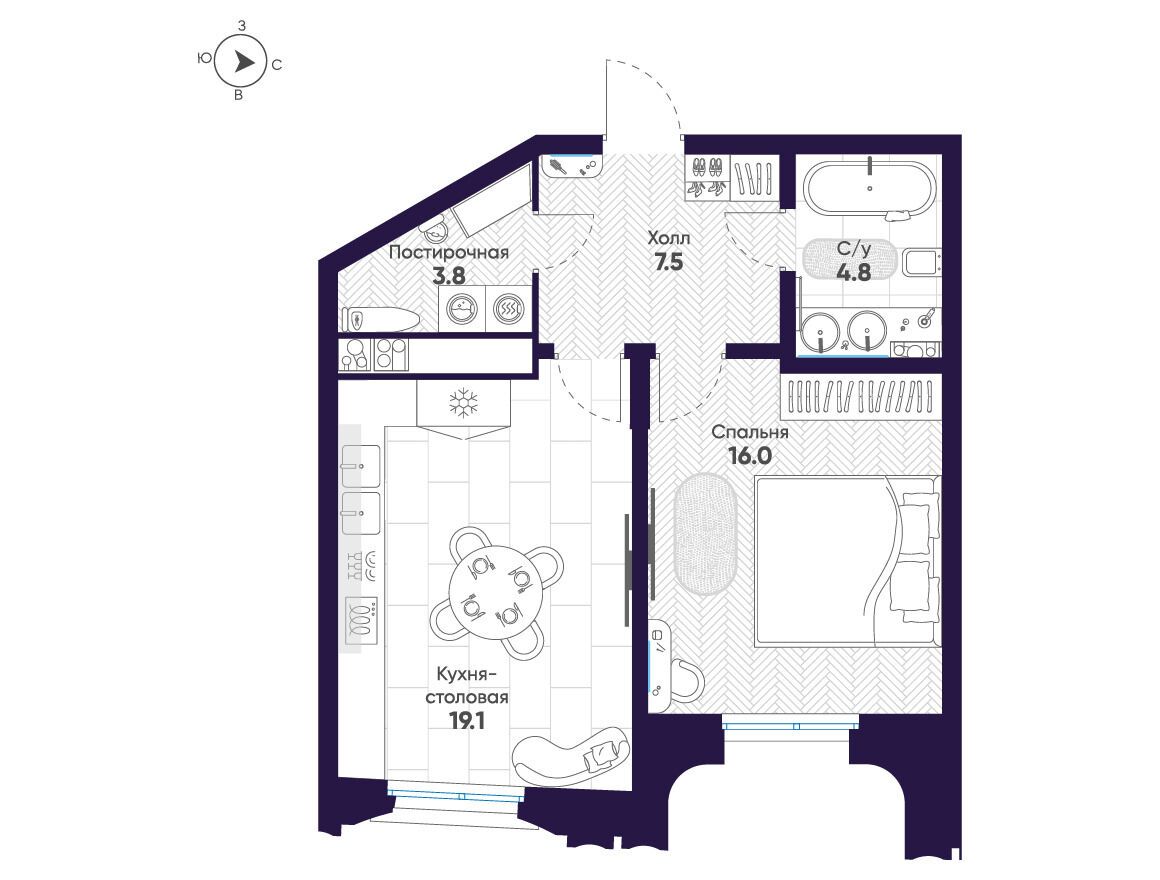 Планировка: 1-комн. квартира 51.20 м² в новостройке Мариинка Делюкс