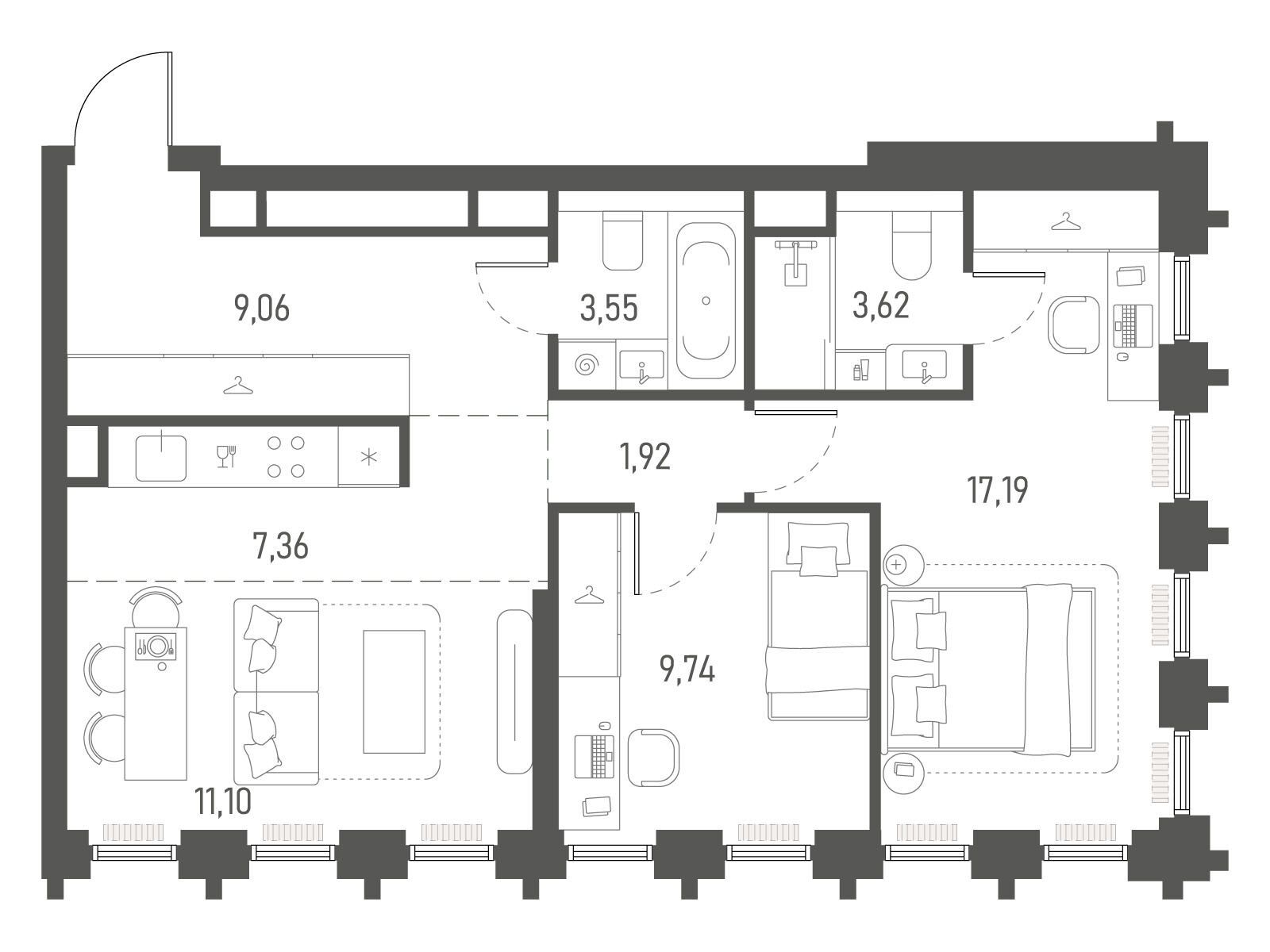 Планировка: 2-комн. квартира 63.54 м² в новостройке Индиво