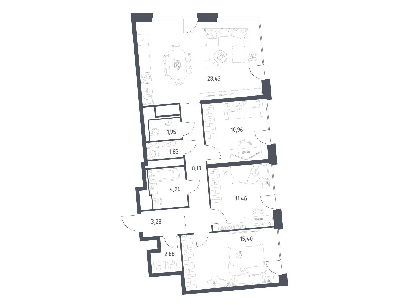 Планировка: 3-комн. квартира 88.43 м² в новостройке Квартал на воде