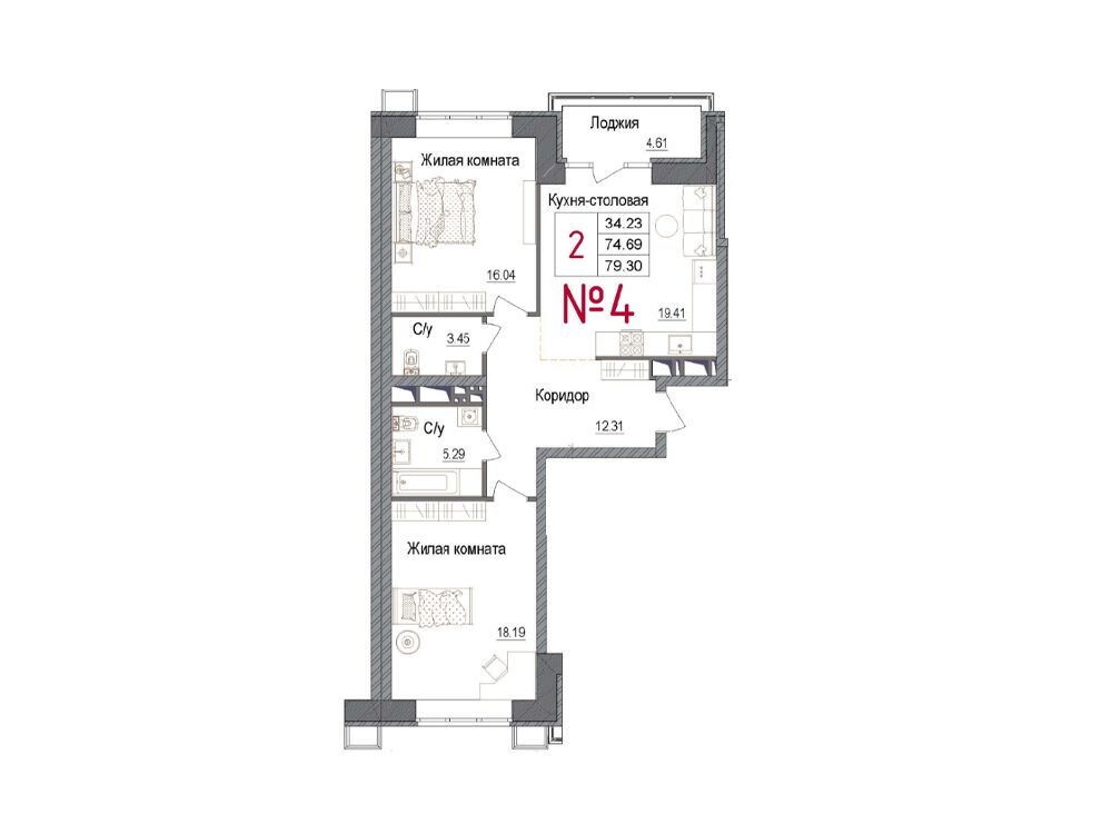 Планировка: 2-комн. квартира 78.10 м² в новостройке Арт