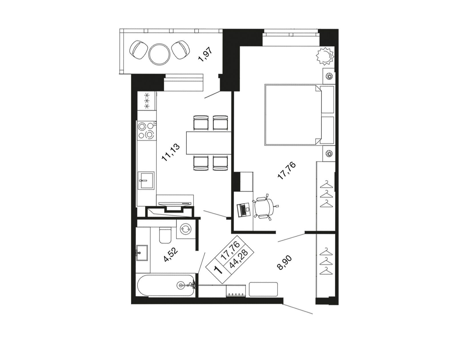 Планировка: 1-комн. квартира 42.20 м² в новостройке Времена года