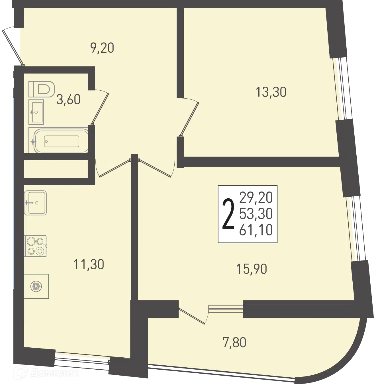 Планировка: 2-комн. квартира 61.10 м² в новостройке Огурцы