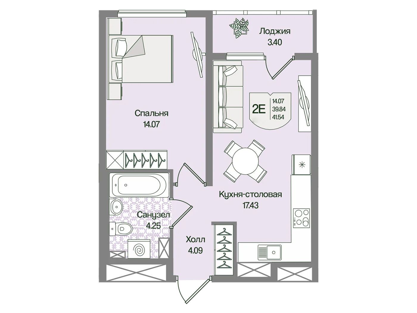 Планировка: 1-комн. квартира 41.54 м² в новостройке Охтинские высоты