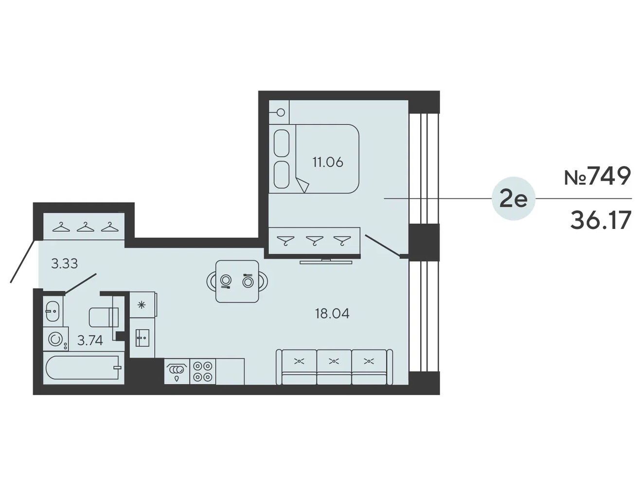 Планировка: 1-комн. квартира 36.17 м² в новостройке Башни Элемент