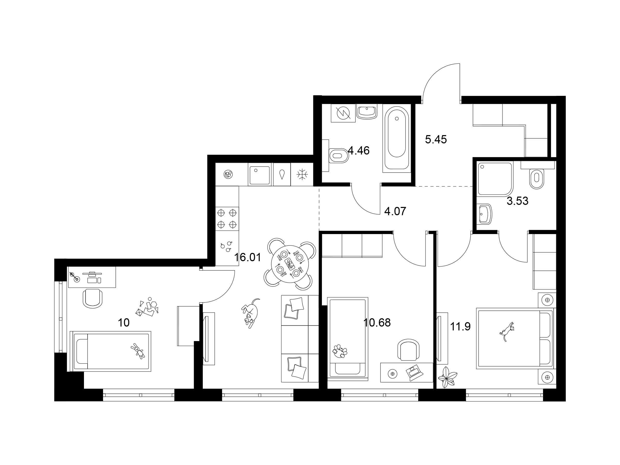 Планировка: 3-комн. квартира 66.10 м² в новостройке Квартал Мит