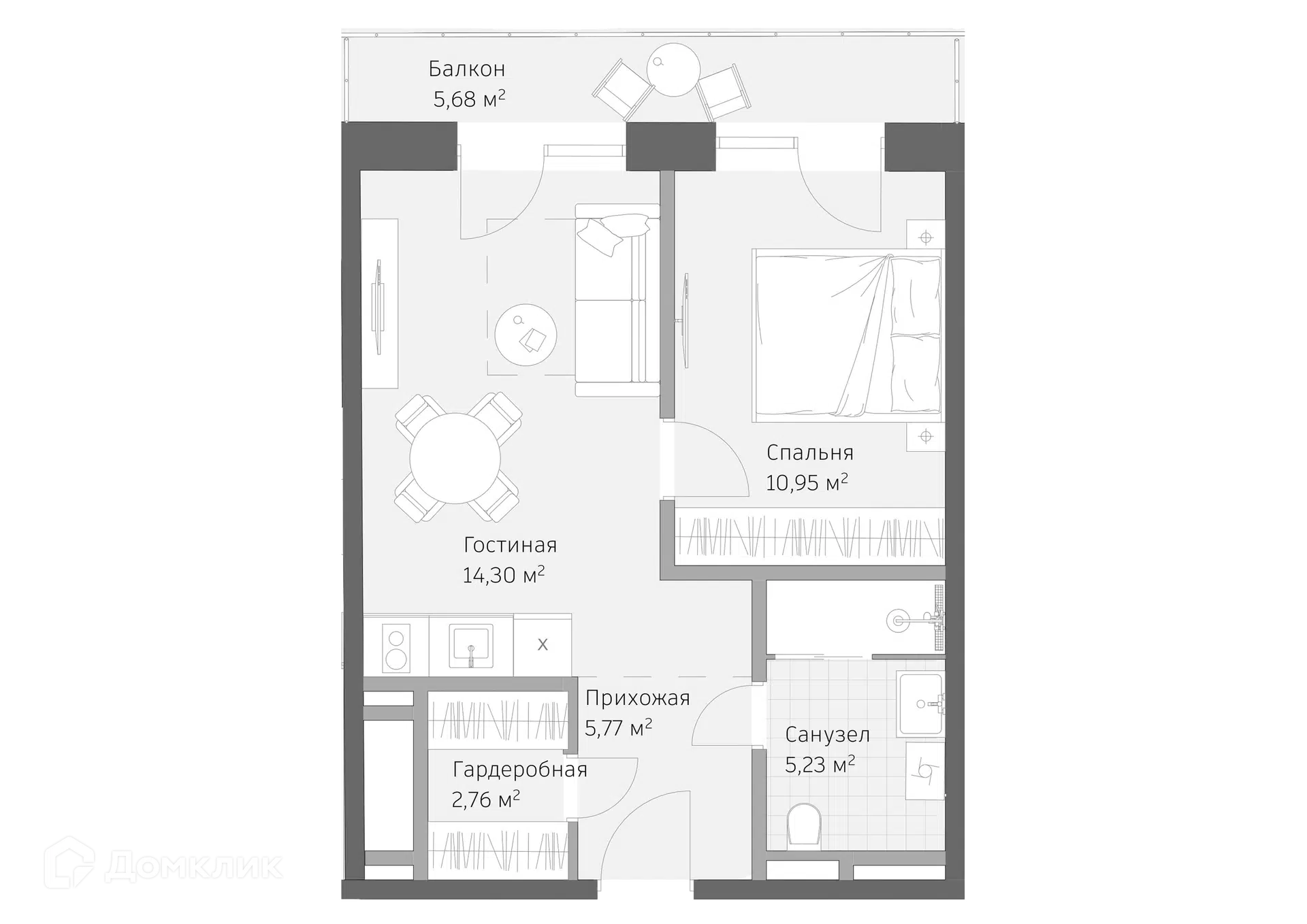 Планировка: 2-комн. квартира 44.69 м² в новостройке Реликт