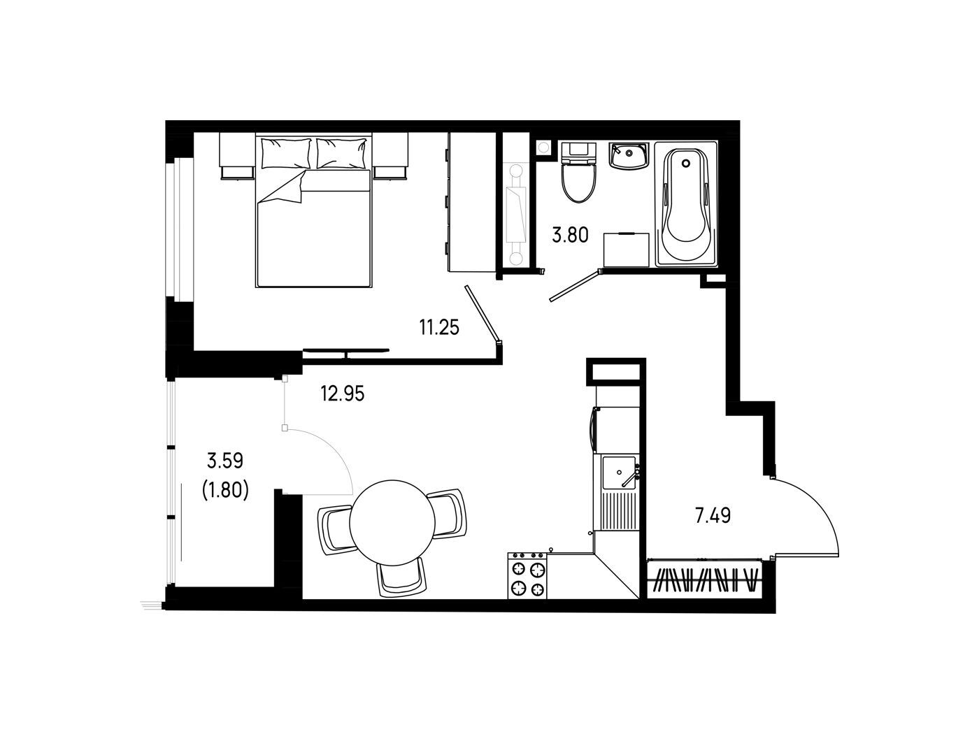Планировка: 1-комн. квартира 37.29 м² в новостройке Имена