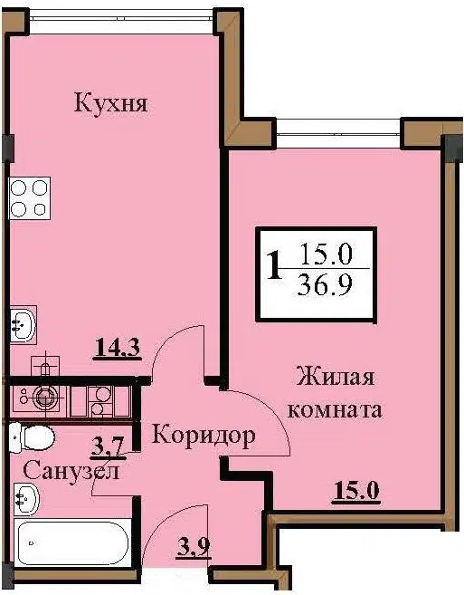 Планировка: 1-комн. квартира 35.80 м² в новостройке Северный-2