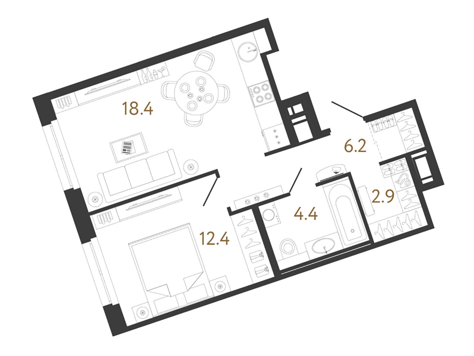 Планировка: 1-комн. квартира 44.30 м² в новостройке Литера