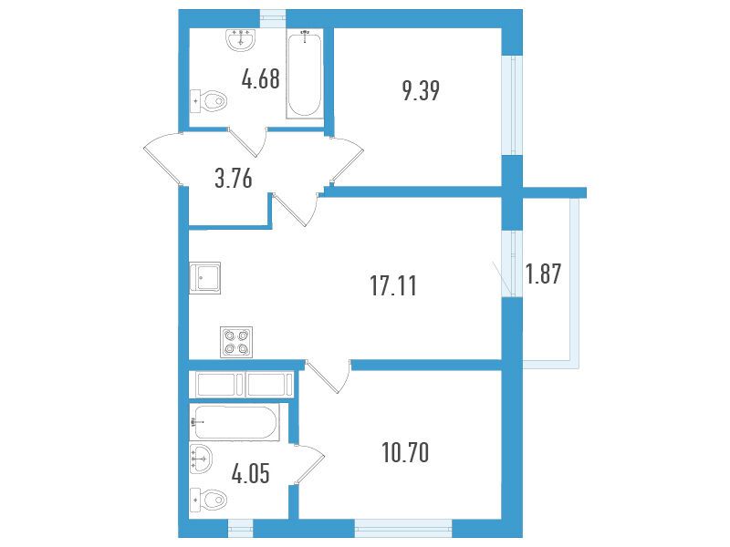 Планировка: 2-комн. квартира 50.25 м² в новостройке ЖК Южный форт