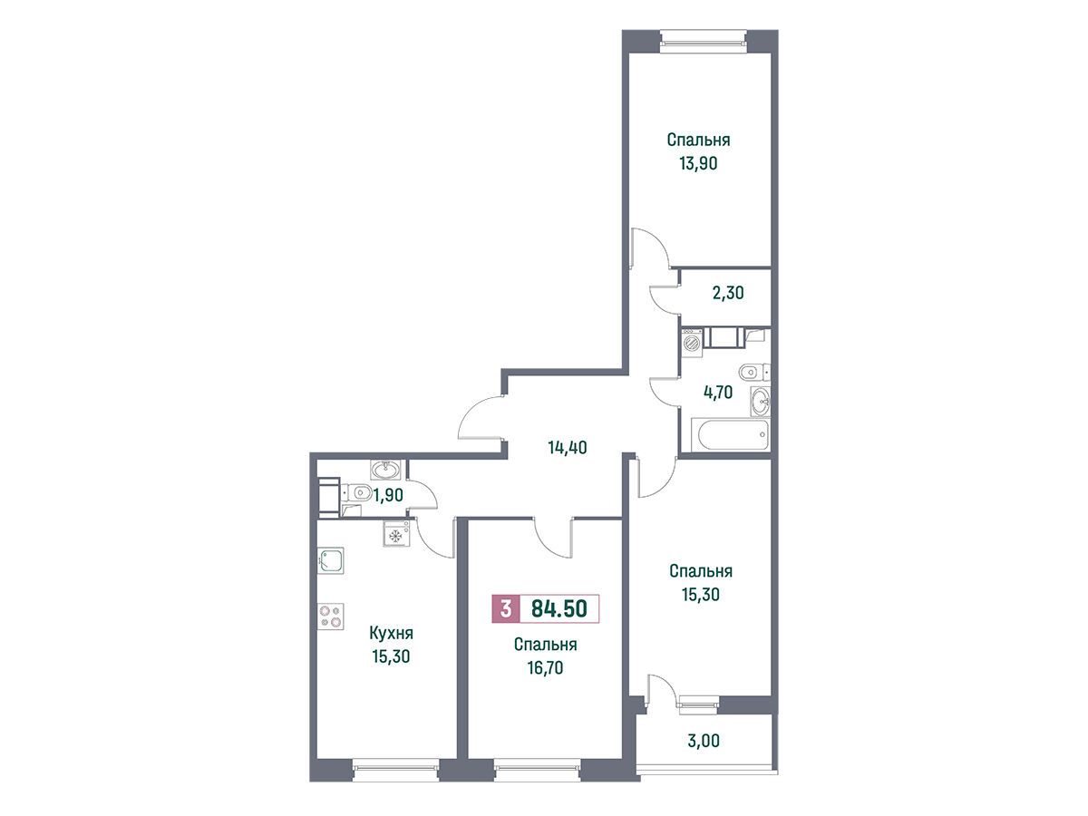 Планировка: 3-комн. квартира 84.50 м² в новостройке Фотограф