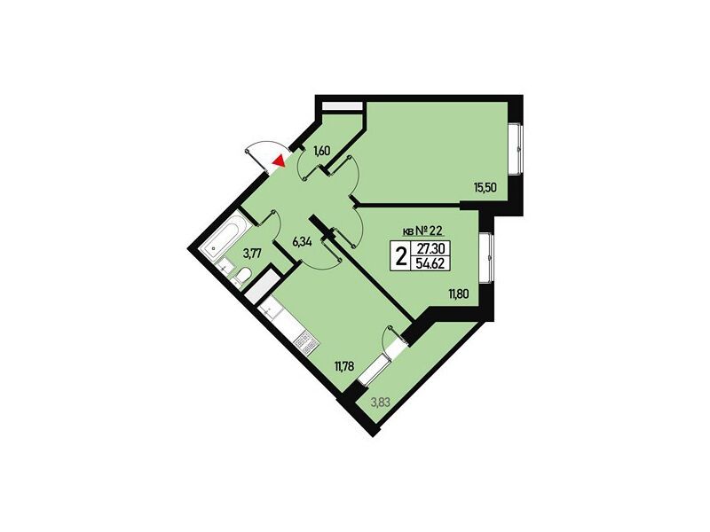 Планировка: 2-комн. квартира 50.00 м² в новостройке Борисоглебское