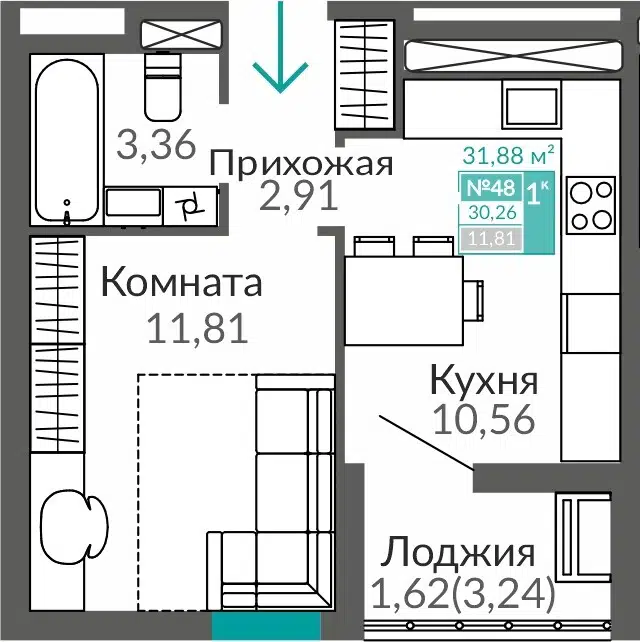 Планировка: 1-комн. квартира 30.26 м² в новостройке ЖК Горизонты-3