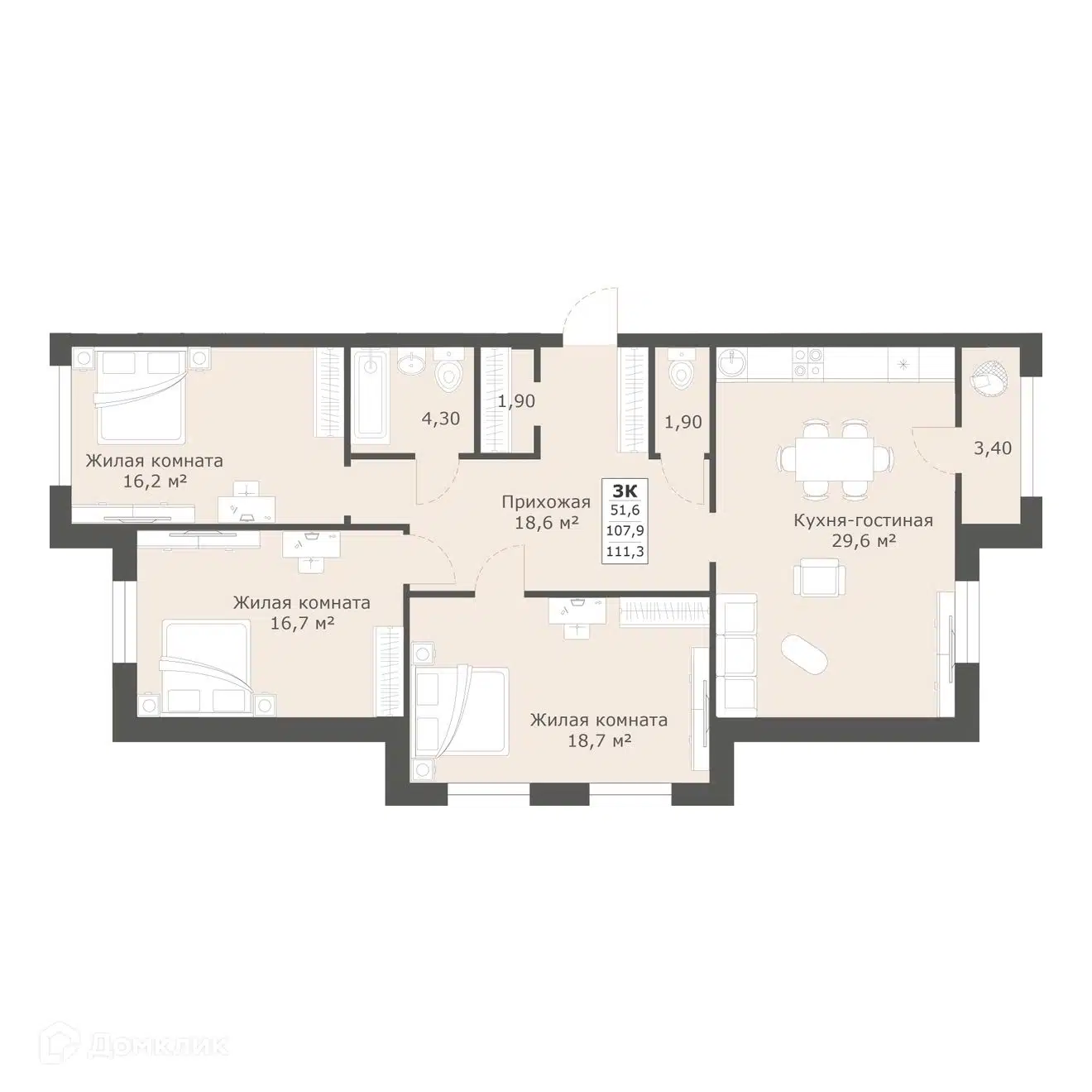 Планировка: 3-комн. квартира 110.00 м² в новостройке Моне